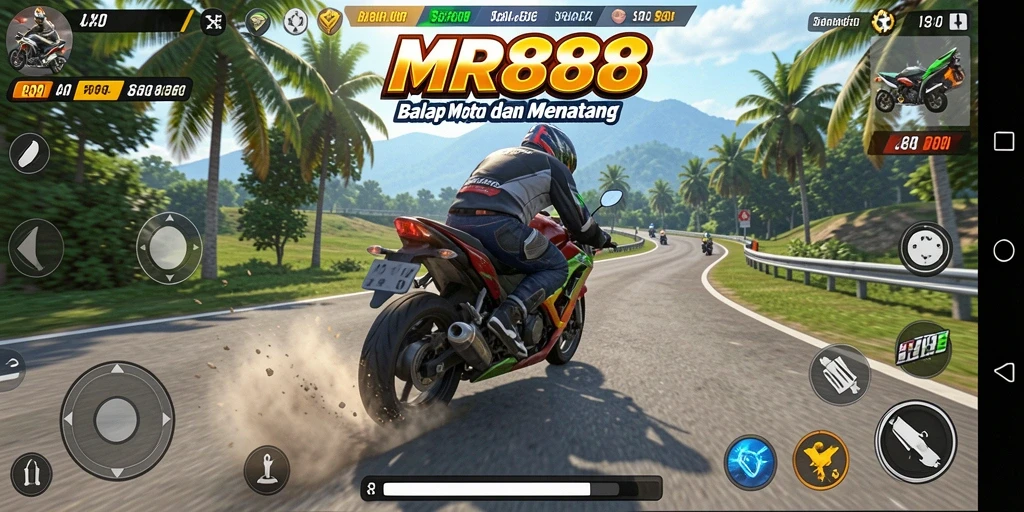 Screenshot gameplay MR888 yang menampilkan aksi balap motor yang intens.