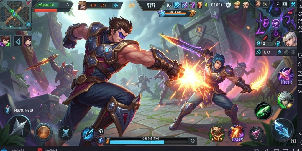 Tangkapan layar dari gameplay NV77 yang menunjukkan aksi seru di arena MOBA.