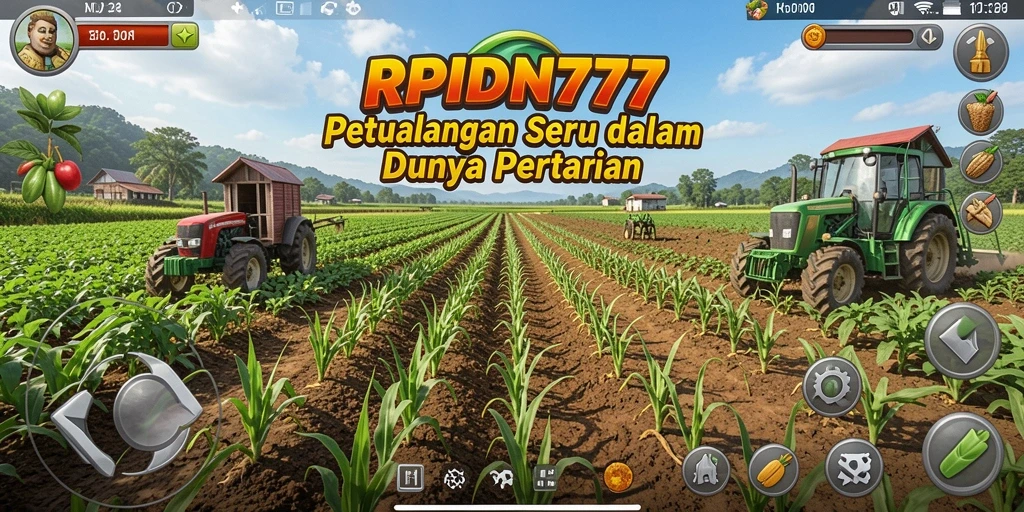 Screenshot utama RPIDN777 menunjukkan pertanian yang rimbun dan berwarna-warni.