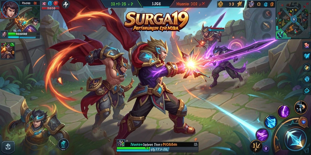 Screenshot SURGA19 menampilkan aksi pertarungan MOBA yang mendebarkan.