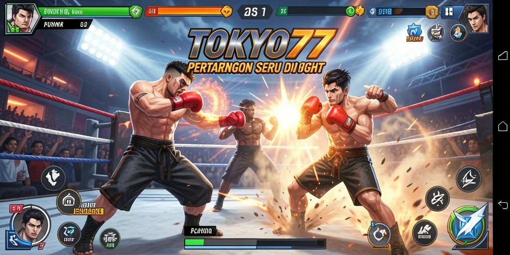 Screenshot permainan <strong>TOKYO77</strong> dengan karakter bertarung penuh aksi.